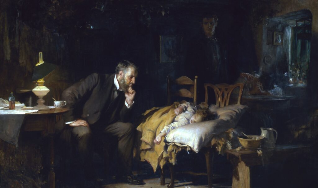 A Victorian doctor leans worriedly over a sick child