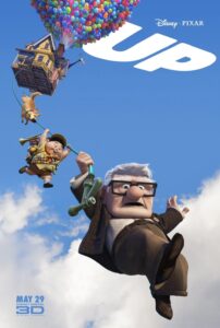 Man and boy hanging from floating house held up by balloons